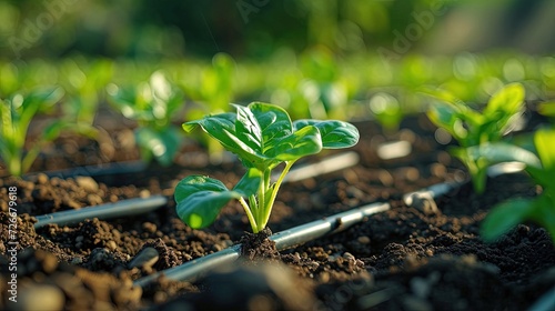 Seedlings drip irrigation system. Close-up. Drip irrigation ensures strong growth for seedlings.