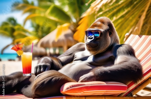 Gorilla ape in sunglasses chill-out enjoying a summer cocktail by the sandy beach at sunny day.Vacation, holiday and relax concept.
