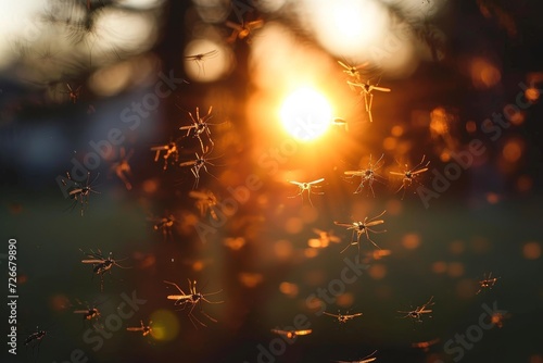 A shimmering swarm of insects bask in the golden glow of the setting sun  casting a warm amber hue against the blurred backdrop of nature