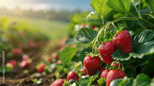 Strawberries on a strawberry plant on a strawberry plantation. Close-up. A close-up of succulent strawberries, reminding us of the simple pleasures in life.