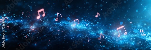 Abstract dark background with music notes and signs creating a melodic musical banner