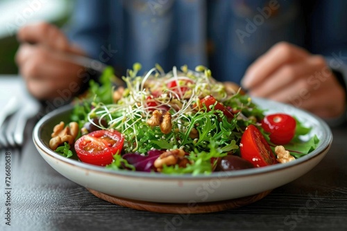 A vibrant bowl of garden salad, bursting with fresh ingredients like juicy tomatoes and crunchy sprouts, sits elegantly on a plate, tempting any person's taste buds with its healthy and flavorful veg