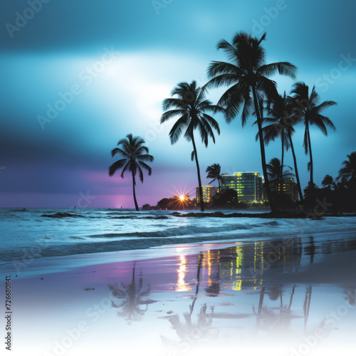 Tropical Beachfront at Twilight with Silhouetted Palm Trees  