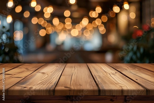 A rustic wooden table glows with the warm light of a nearby christmas tree, creating a cozy winter scene under the starry night sky