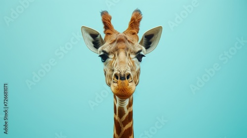 Giraffe head isolated on blue background. Beautiful giraffe portrait