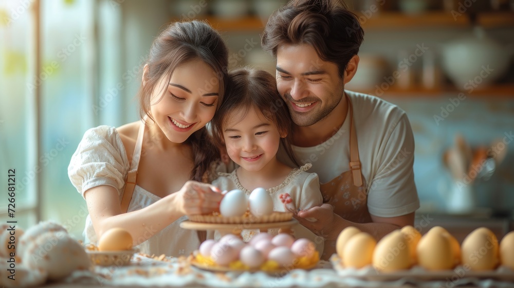 Man, Woman, and Little Girl Looking at Plate of Eggs Man, Woman, and Little Girl Looking at Plate of Eggs