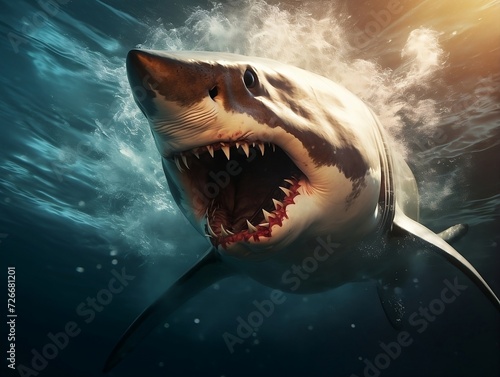 Angry white shark is swimming with its mouth open