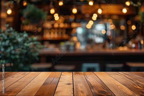 A rustic wooden table stands illuminated by the city lights, surrounded by outdoor furniture and a bench on the ground in front of a blurry building, creating a cozy and inviting atmosphere for a nig