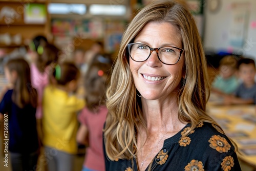 Portrait of smiling female teacher with elementary students in classroom looking at camera