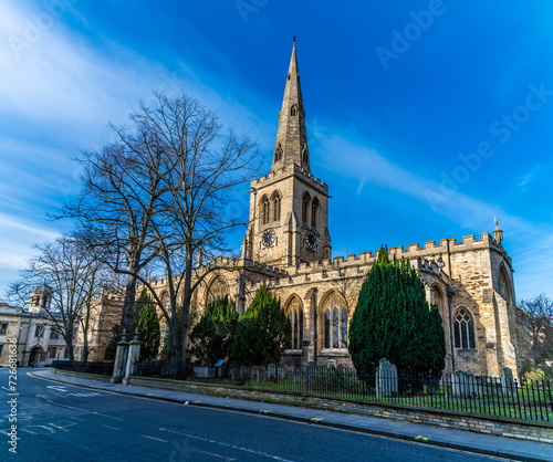 A view towards the Church of Saint Paul in Bedford, UK on a bright sunny day
