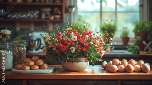 Abundant Flowers and Eggs on Wooden Table © Rene Grycner
