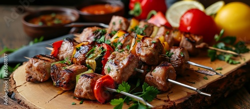 Tasty grilled pork (shashlik) and kebabs with sauce.