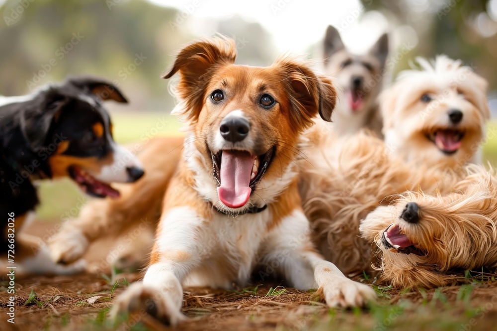 A playful pack of sporting group puppies enjoy the warm sun and lush grass with their loyal companions, showcasing their snouts and brown coats as true mammal marvels - obrazy, fototapety, plakaty 