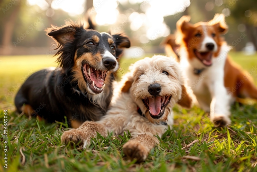 A pack of lively terriers bask in the warmth of the sun, their playful snouts nuzzled in the soft blades of grass, embodying the perfect picture of furry companionship and carefree outdoor bliss - obrazy, fototapety, plakaty 