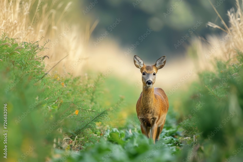 Fototapeta premium A majestic deer stands tall amidst a sea of lush grass, embodying the beauty and wildness of nature