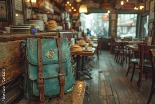 Amidst the bustling city, a lone backpack rests on a wooden table in an indoor bar, evoking a sense of wanderlust and the desire for adventure photo