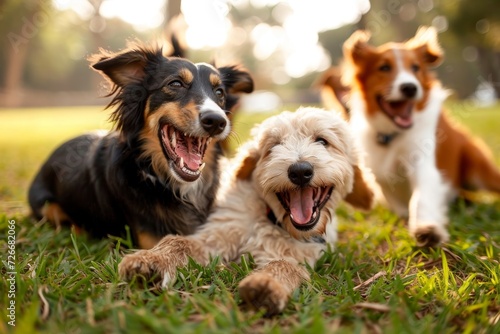A pack of lively terriers bask in the warmth of the sun, their playful snouts nuzzled in the soft blades of grass, embodying the perfect picture of furry companionship and carefree outdoor bliss