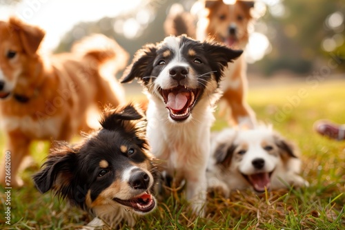 Playful pups of a variety of dog breeds frolic through the lush green grass, showcasing their natural instinct as athletic and loyal companion animals © LifeMedia