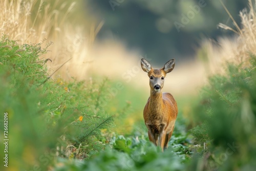 A majestic deer stands tall amidst a sea of lush grass, embodying the beauty and wildness of nature