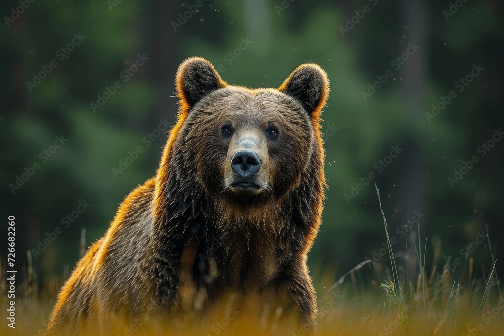 Obraz premium A majestic kodiak bear blends into the golden grass of its natural habitat, embodying the wild and untamed spirit of the great outdoors