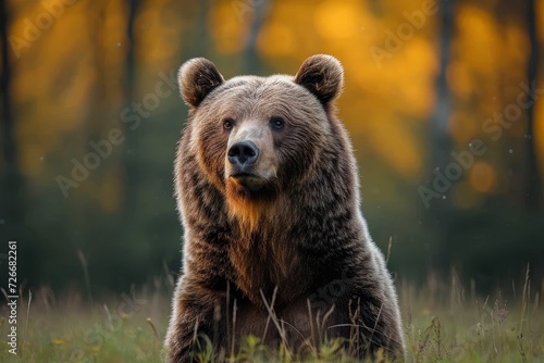 A majestic brown bear sits peacefully in a field of tall grass, its snout lifted to the sky as it blends effortlessly into its natural outdoor habitat