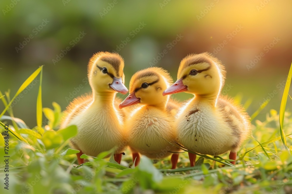 A charming gathering of downy ducklings frolic in the lush green grass, their delicate beaks pecking at the wildflowers as they explore their new outdoor home