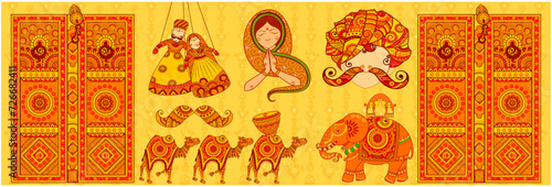 Culture of Rajasthan in Indian art style. Door drum camel  & Elephant in Rajasthan Style. Vector File. photo