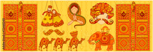 Culture of Rajasthan in Indian art style. Door drum camel  & Elephant in Rajasthan Style. Vector File.