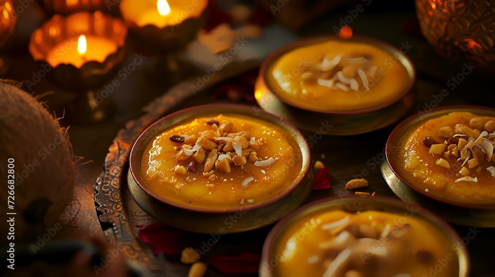 Pumpkin pudding with coconut flakes and almonds, selective focus.