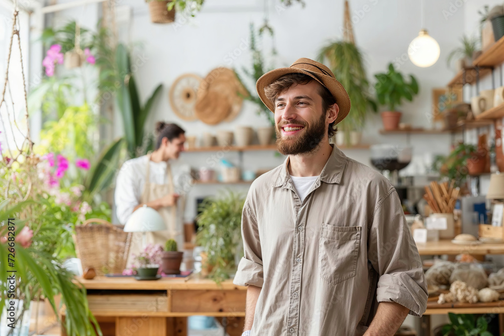 A Man Standing in Front of a Potted Plant A Man Standing in Front of a Potted Plant