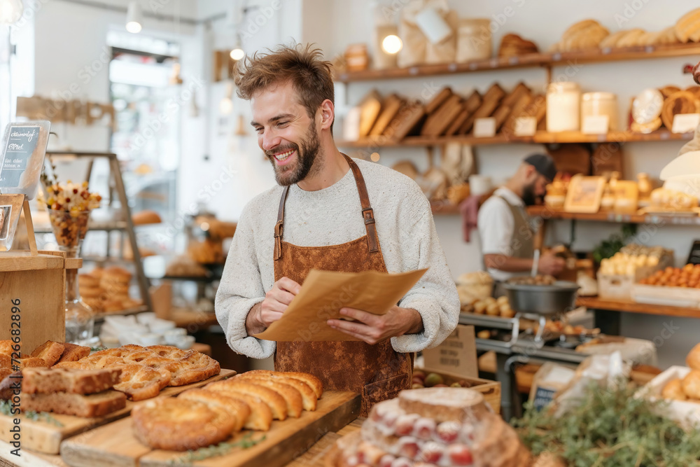 Man in a Bakery Holding a Piece of Paper Man in a Bakery Holding a Piece of Paper