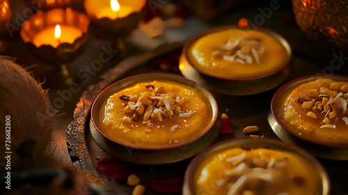 Pumpkin pudding with coconut flakes and almonds  selective focus.