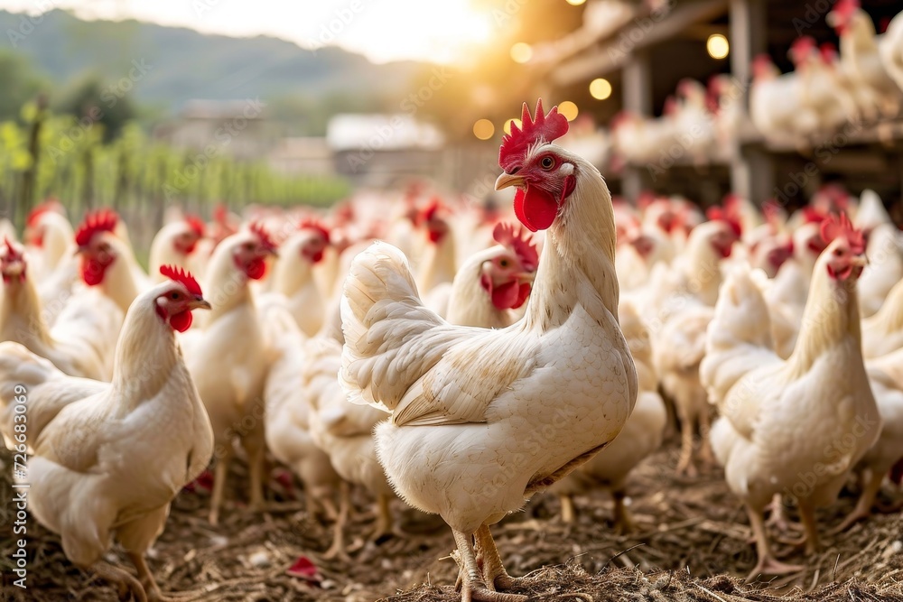 Fototapeta premium A colorful flock of gallinaceous birds, with their distinctive combs and beaks, stand proudly on the lush green grass of an outdoor farm, showcasing the beauty and liveliness of poultry in their natu