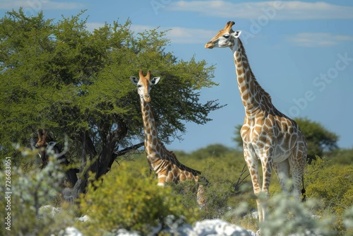 A majestic giraffe stands tall in the wild  its graceful form silhouetted against the vast expanse of the sky and surrounding trees