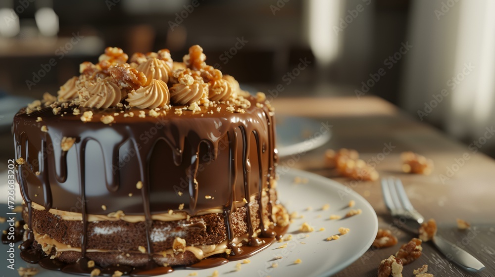 Chocolate cake with nuts and caramel glaze on a wooden table