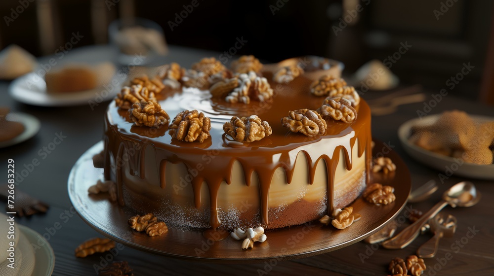 Chocolate cake with walnuts on wooden table, closeup view