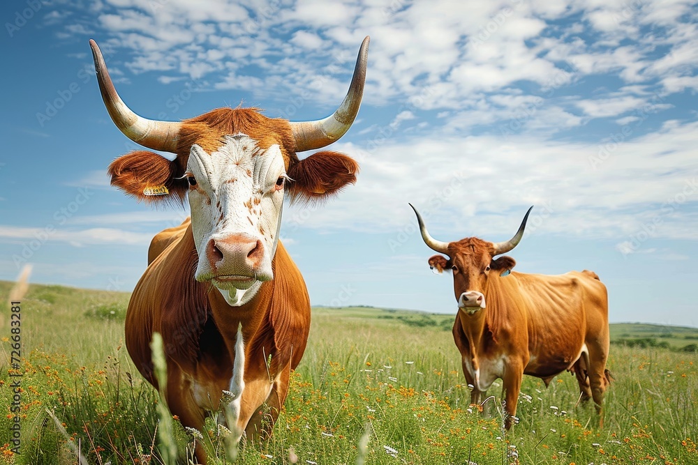 A peaceful herd of bovines grazes on the lush green grass of a texas longhorn meadow, their majestic horns and terrestrial presence creating a serene landscape under the vast blue sky A peaceful herd of bovines grazes on the lush green grass of a texas longhorn meadow, their majestic horns and terrestrial presence creating a serene landscape under the vast blue sky