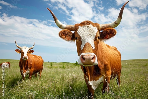 A serene scene of majestic bovines, peacefully grazing on the lush green grass of a vast pasture under the open sky, with the iconic texas longhorn standing tall among the herd photo