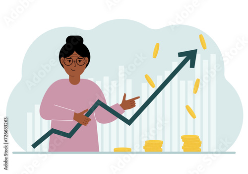 The woman is holding an arrow pointing up. The concept of growth in business, company promotion or business income growth.