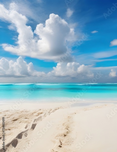 Beautiful sandy beach with white sand and rolling calm wave of turquoise ocean on Sunny day on background white clouds in blue sky Generative AI