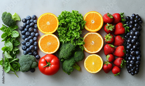 Knollng composition of various fresh fruits and vegetables. Top view