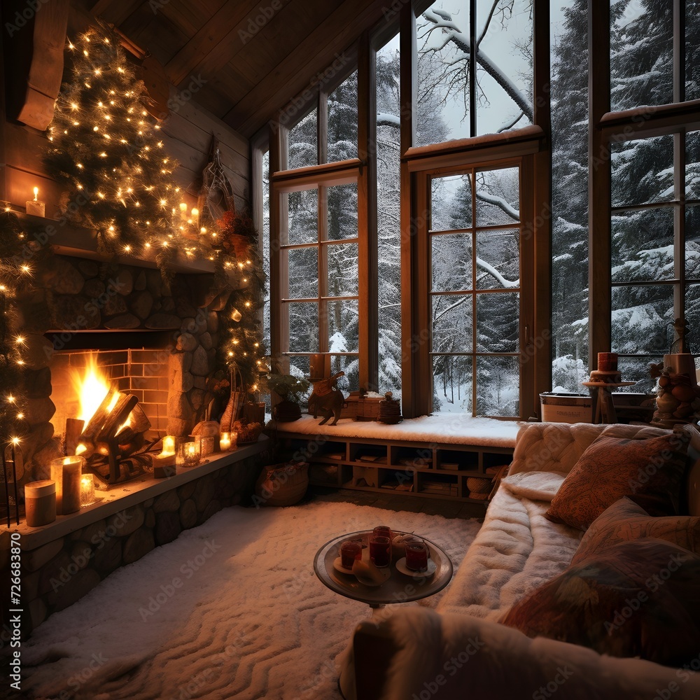 Christmas and New Year interior with fireplace and Christmas tree. Winter holiday concept.