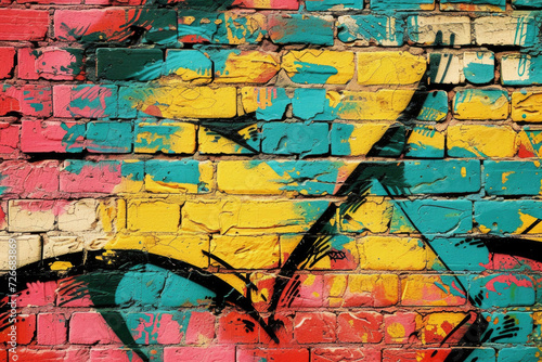 A graffiti-covered urban brick wall, showcasing vibrant street art and textures