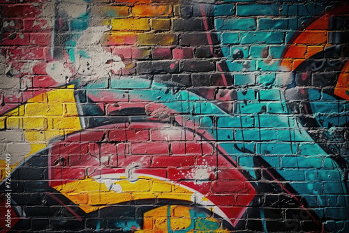 A graffiti-covered urban brick wall, showcasing vibrant street art and textures