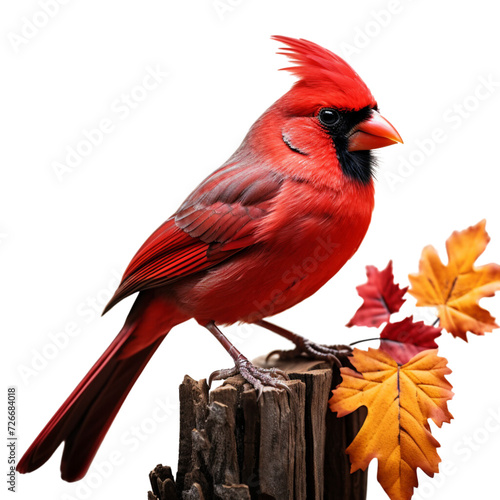 Red cardinal on a branch in a dramatic chiaroscuro style, emphasizing light and shadow for a captivating effect on transparent background Png. Generated Ai