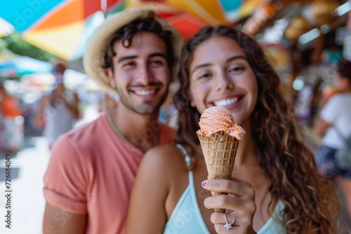 A couple shares a sweet moment  savoring a cool treat on a sunny day  as they hold an ice cream cone filled with creamy dairy goodness and wear matching smiles  their clothing reflecting the vibrant 