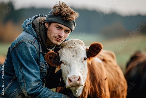 A rugged man in warm outdoor clothing stands proudly with his beloved cow in a snowy field, their bond and dedication to farm life evident in their matching brown attire