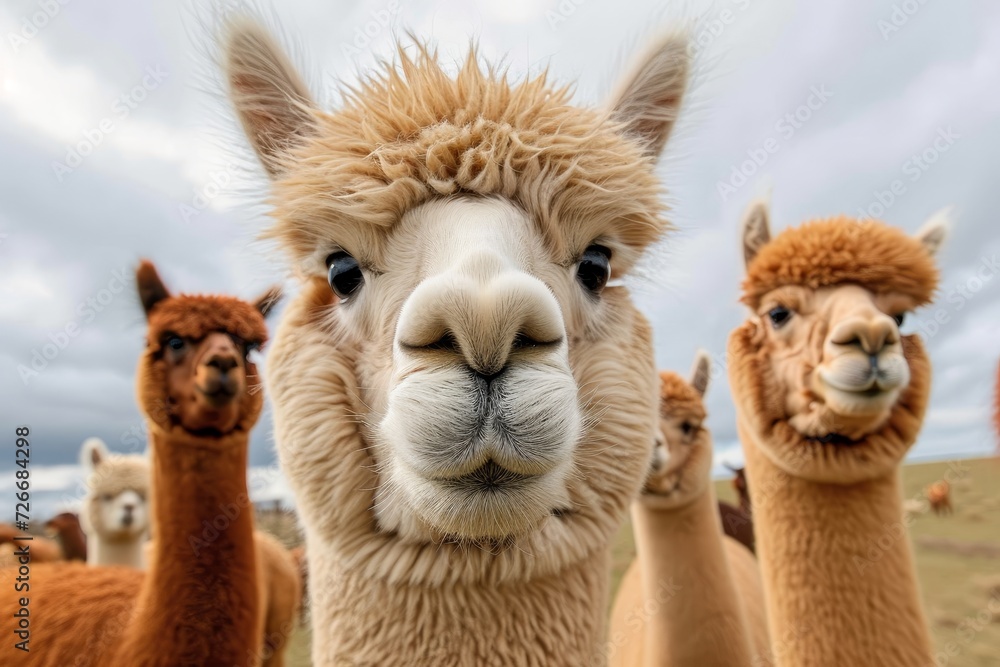 A curious herd of terrestrial camelids, including alpacas, llamas, guanacos, and vicuñas, stand together in the great outdoors, their soft fur glistening in the sunlight as they gaze confidently at t