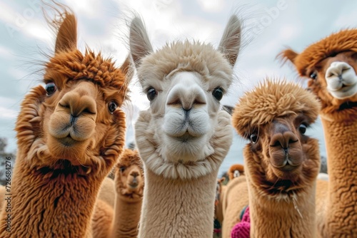 A curious group of terrestrial camelids, with their soft fur glistening in the outdoor light, stand tall and regal as they gaze into the camera, capturing the essence of their majestic alpaca and gua
