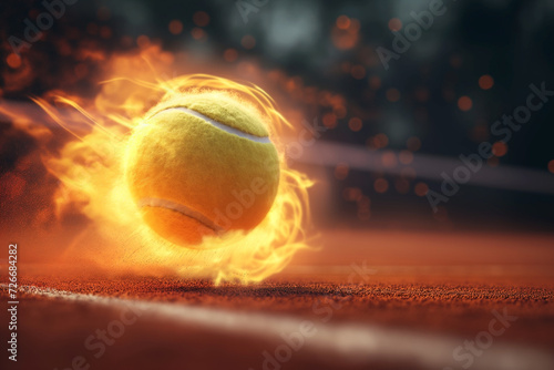 An abstract image of a green tennis ball shot at high speed with magical power of fire as a background and a beautiful design.  © Alezhano
